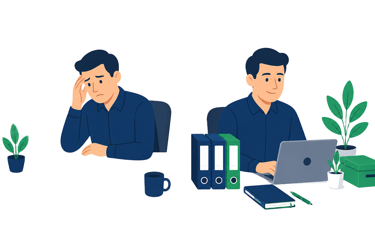 Empresário preocupado com documentos e, depois, com a situação organizada